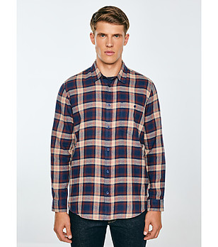 Мъжка памучна карирана риза в тъмносиньо и бежово Flaneno снимка