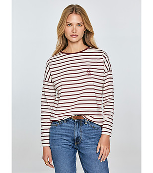 Памучна дамска блуза на райе в бургунд Alerra снимка