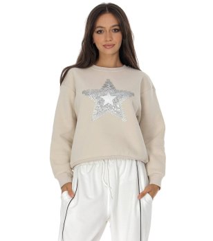 Светлобежов дамски пуловер със звезда снимка