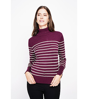 Дамски пуловер в цвят вишна на бяло райе снимка