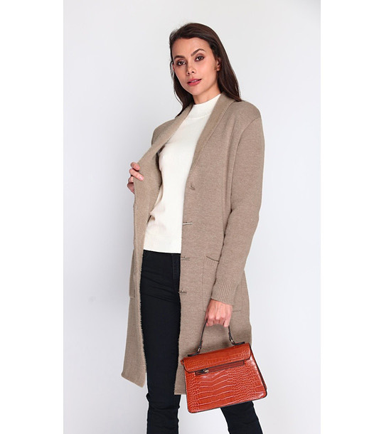 Дълга дамска плътна жилетка в бежово с кашмир снимка