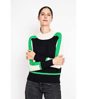 Дамски пуловер в черно, зелено и бяло снимка