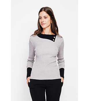 Дамски пуловер в сиво и черно с асиметрична яка снимка