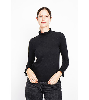 Дамски пуловер в черно с къдрички снимка