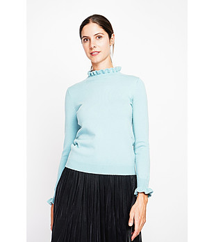 Дамски пуловер в тюркоаз с къдрички снимка