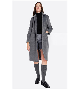 Дълго дамско сиво зимно палто с вълна снимка