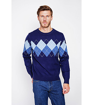 Тъмносин мъжки пуловер с фигурални мотиви снимка