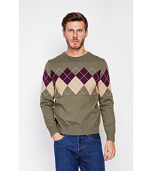 Мъжки пуловер в цвят каки с фигурални мотиви снимка