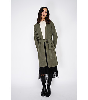 Дълга дамска жилетка с кашмир в цвят каки с колан снимка