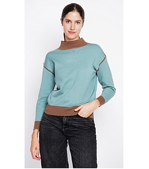 Дамски пуловер в тюркоаз и кафяво снимка