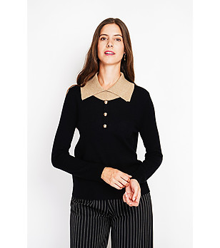 Черен дамски пуловер с бежова яка снимка