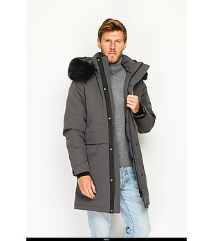 Тъмносиво дълго мъжко зимно яке снимка