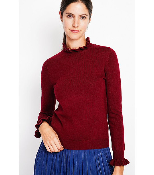 Дамски пуловер в бордо с къдрички снимка