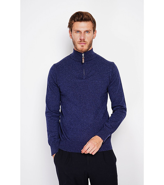 Мъжки тъмносин пуловер с висока яка и цип снимка