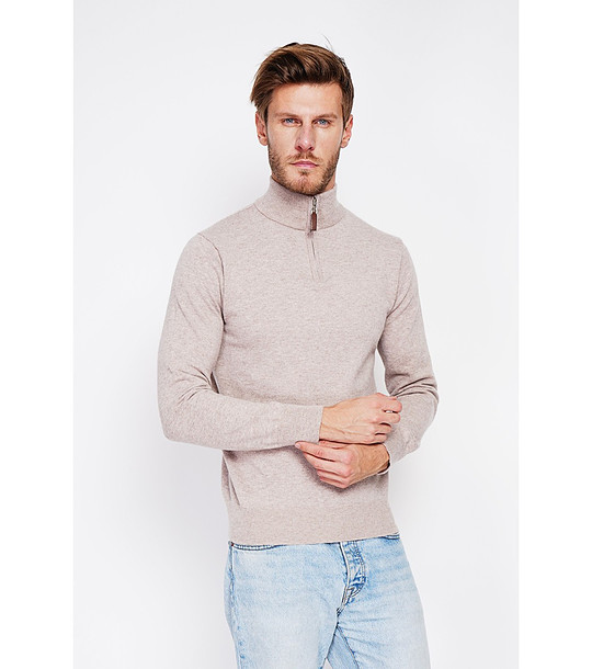 Мъжки бежов пуловер с висока яка и цип снимка