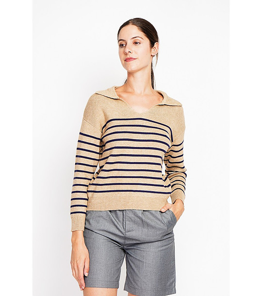 Бежов oversize дамски пуловер на черно райе снимка