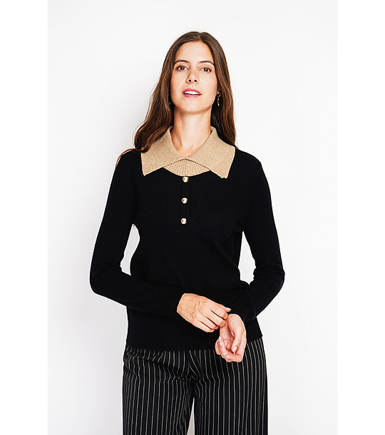 Черен дамски пуловер с бежова яка снимка