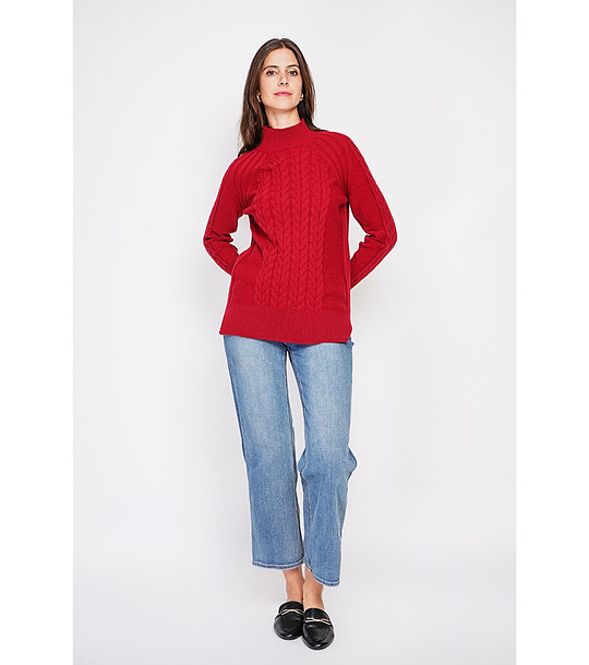 Дамски пуловер в червено  с плетеници снимка