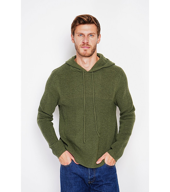 Мъжки пуловер в цвят каки с качулка снимка