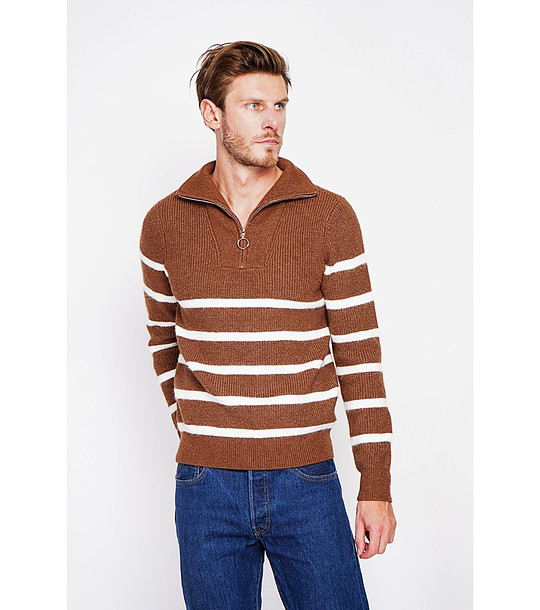 Мъжки пуловер в кафяво на бяло райе снимка