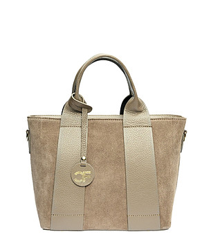 Дамска чанта от естествена кожа и велур в цвят таупе Indiasa снимка