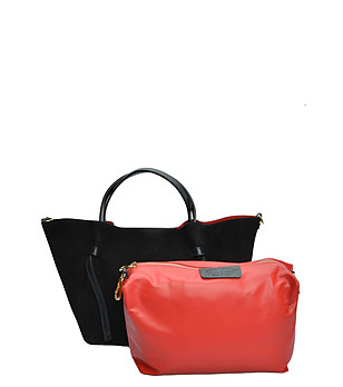 Кожена дамска  черна чанта с червен несесер снимка