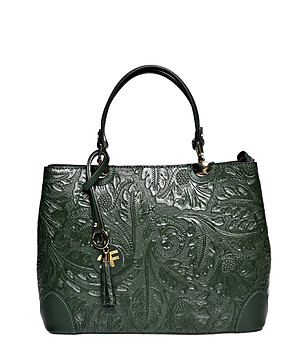 Тъмнозелена кожена чанта с флорална щампа Megan снимка