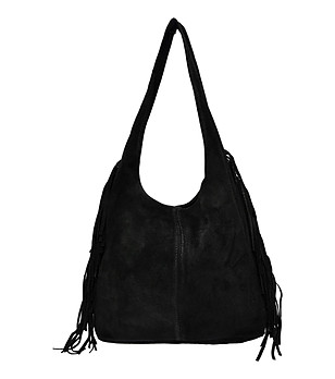 Черна дамска велурена чанта с ресни снимка