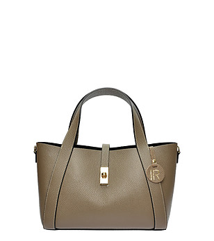 Кожена дамска чанта в таупе с несесер снимка