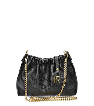 Черна дамска чанта от естествена кожа с верижка снимка