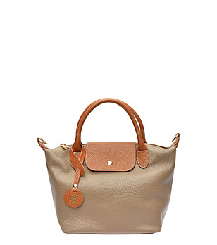 Дамска кожена чанта в бежово и коняк снимка