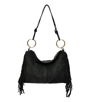 Черна велурена дамска чанта с ресни снимка