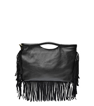 Черна дамска чанта от естествена кожа с ресни снимка