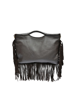 Тъмнокафява дамска чанта от естествена кожа с ресни снимка