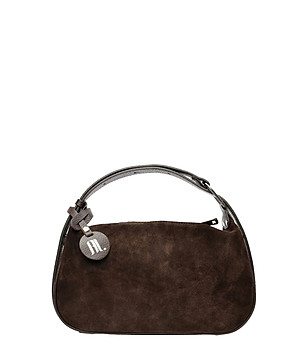 Кафява дамска чанта от естествен велур в тъмнокафяво снимка