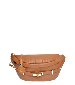 Дамска кожена чанта тип багета в цвят коняк Nora снимка