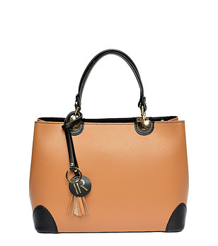 Дамска кожена чанта в цвят коняк и черно снимка