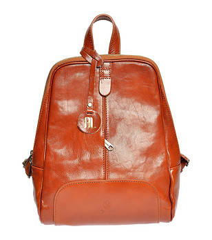 Дамска раница от естествена кожа в цвят коняк Indiasa снимка