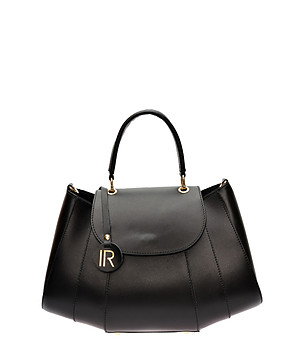 Черна дамска чанта от естествена кожа с нестандартна форма снимка