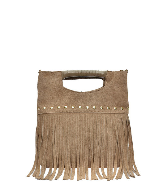 Дамска велурена чанта в цвят таупе с ресни снимка