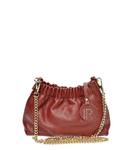 Тъмночервена дамска чанта от естествена кожа с верижка снимка