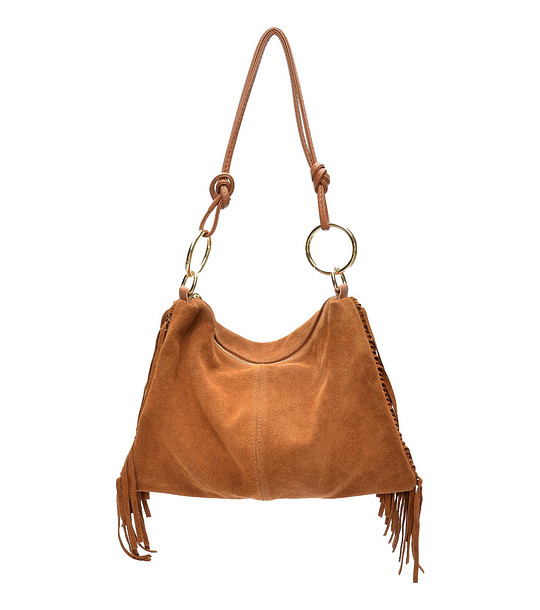 Велурена дамска чанта в цвят коняк с ресни снимка