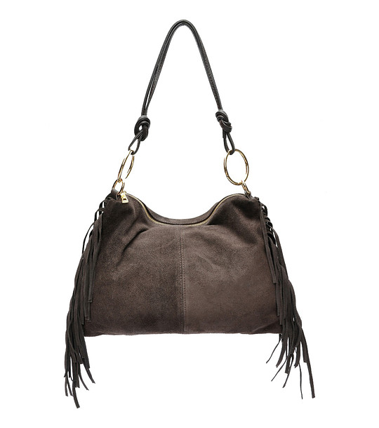 Тъмнокаафява велурена дамска чанта с ресни снимка