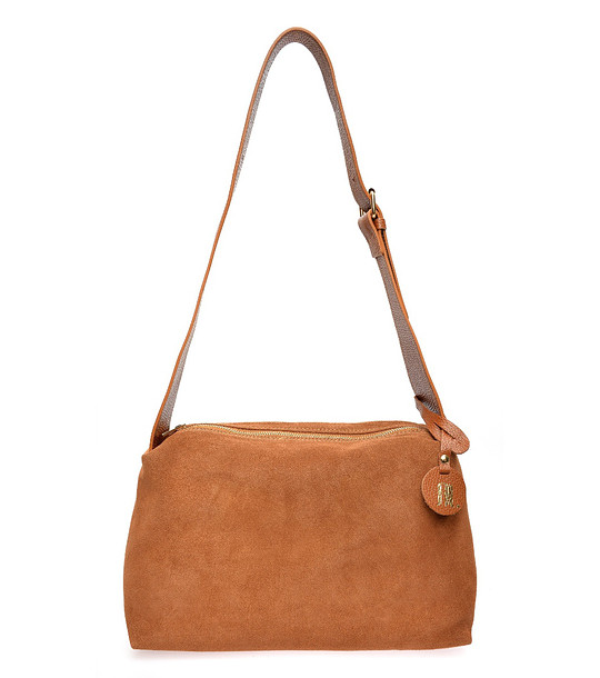 Велурена дамска чанта в цвят коняк снимка