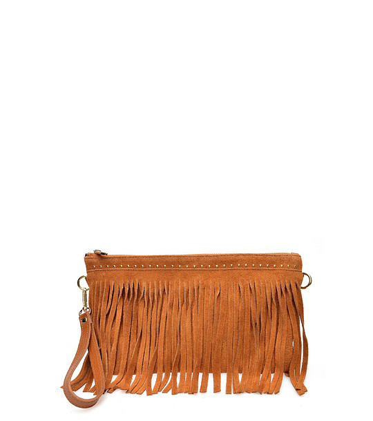 Велурен клъч с ресни в цвят коняк снимка