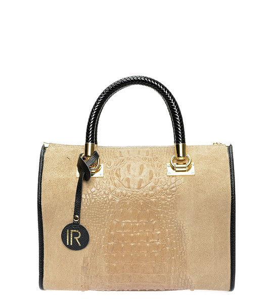 Дамска кожена чанта в светлокафяв нюанс с кроко релеф Frances снимка