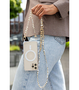 Верижка за телефон в златисто с бели перли снимка