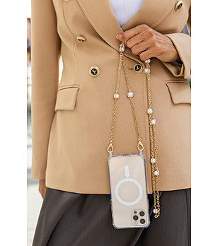 Златиста верижка за телефон с бели перли снимка