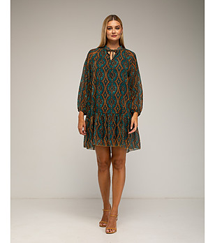 Рокля с геометричен принт в кафяво и тюркоаз снимка