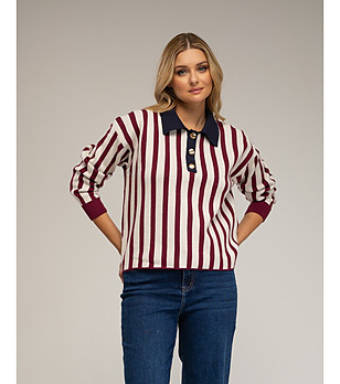 Дамски пуловер на райе в бордо и цвят крем снимка